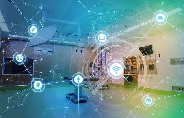 A hospital operating room overlaid with a digital network of connected healthcare icons representing smart hospital technology